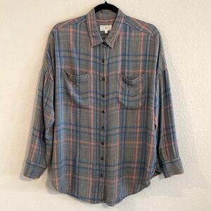 Lou & Grey Women Button Front Top Small Grey Plaid Western Coastal Cowgirl